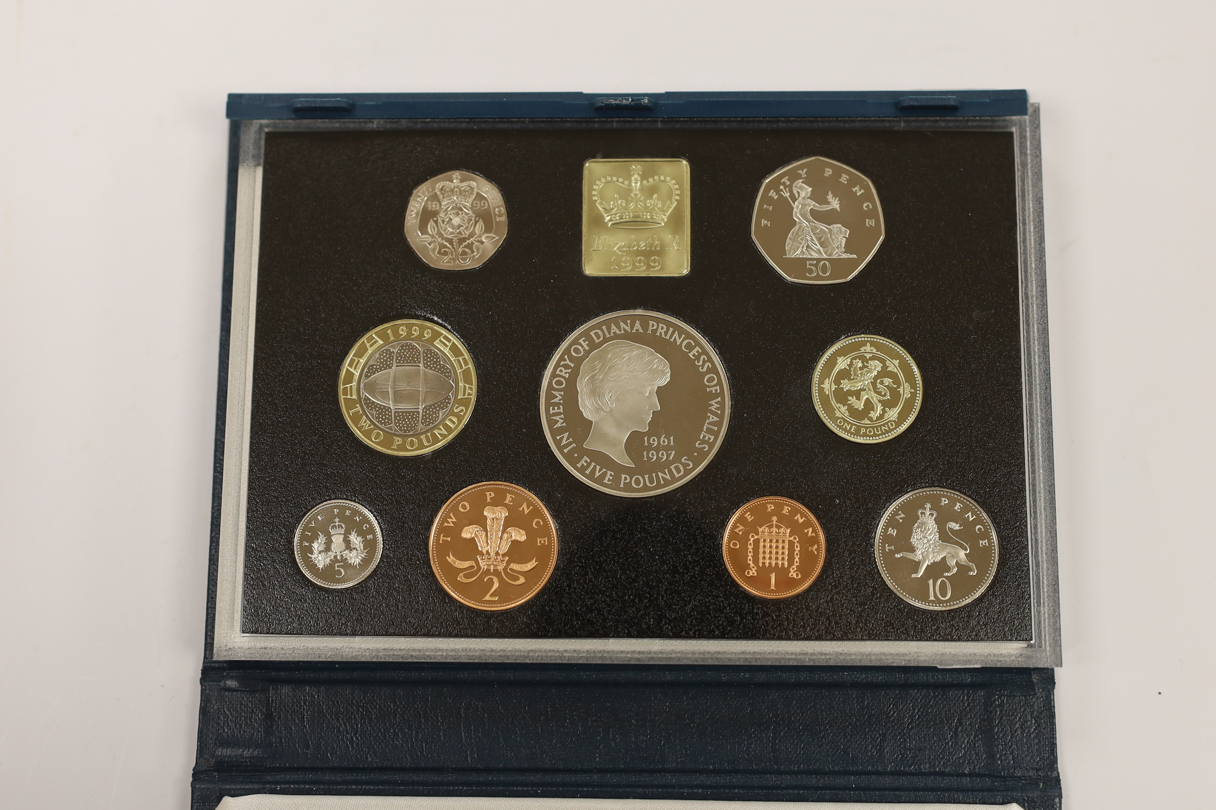 Royal Mint UK QEII proof coin year sets for 1990-1995 and 1997-1999, together with 1996 seven coin silver proof 25th Anniversary of Decimal Currency in Britain, 10 cases